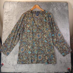 Susan Graver Women L Brown Floral Boho Long Sleeve VNeck Earth tones Fall Blouse